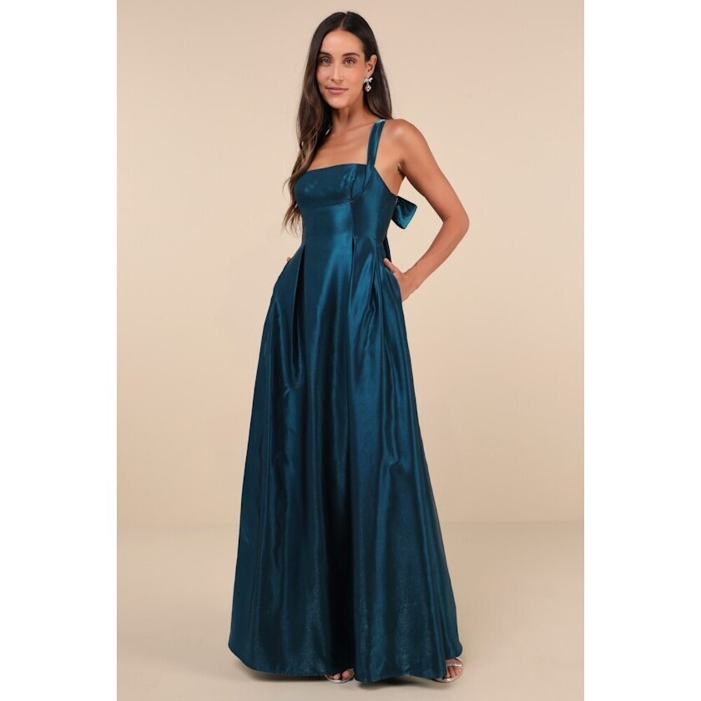 Lulus Immaculate Aura Shiny Dark Teal Taffeta Maxi Dress With Pockets Blue